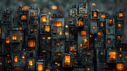 Aufkleber - Glowing Citadel A Captivating Night Skyline of Luminous High Rise Buildings with Pockets of Candlelight Shining Through the Darkened Windows Creating an Atmospheric and Enigmatic Urban Landscape