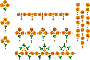 Wall Mural -  png Orange floral indian garland of flowers marigold. Traditional holiday decoration for national events India.  Frame and border for greeting card. Set Flat vector cartoon illustration.