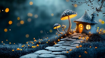 Poster - Magical forest path with glowing mushrooms guiding the way to an enchanting and mysterious destination  Peaceful serene landscape with a whimsical dreamlike atmosphere