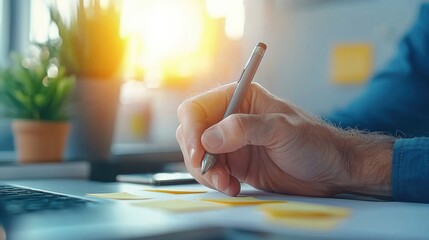 Top down view of a person s hands actively writing on a sheet of paper placed on a desk or workspace with natural daylight streaming in through a window in the background indicating a focused