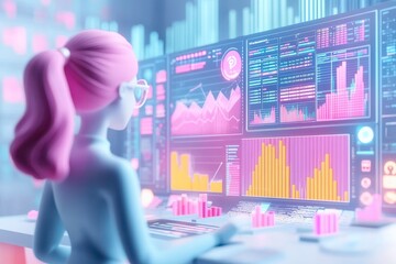Poster - A stylized figure analyzes colorful data graphs on a futuristic screen, showcasing a blend of technology and analytics in a vibrant workspace.