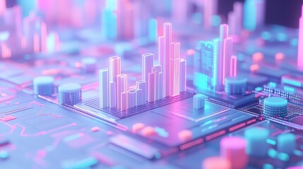Poster - A vibrant, futuristic digital landscape featuring glowing geometric shapes resembling a city skyline on a circuit board.