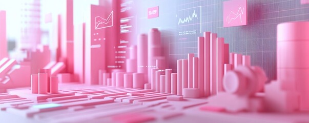 Poster - A vibrant, pink-themed 3D data visualization showcasing various bar graphs and charts, representing analytics and statistical information.