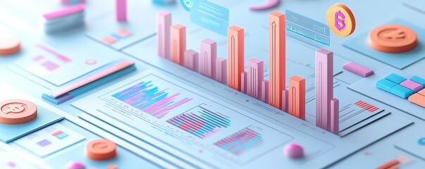 Poster - A colorful digital display showcasing bar graphs and data visualizations, surrounded by various icons and shapes.