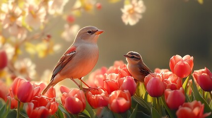 Wall Mural - A delicate tulip bouquet glowing under warm light with a small bird resting peacefully nearby creating a calming atmosphere