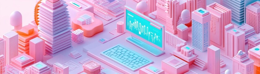 Poster - A vibrant cityscape illustration featuring a laptop, symbolizing technology and urban life, with a pink and blue color palette.