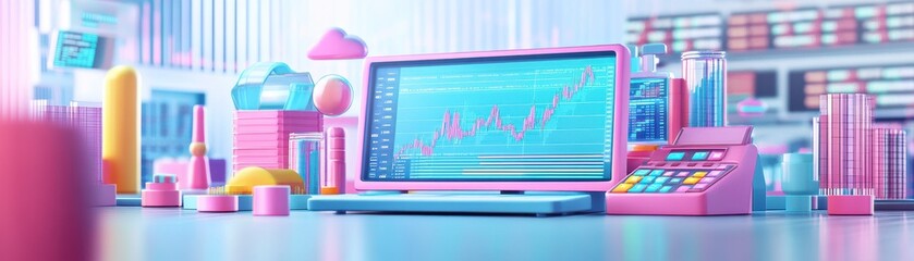 Poster - A vibrant workspace featuring a pink-themed computer setup, colorful stationery, and decorative elements, creating a playful and creative atmosphere.