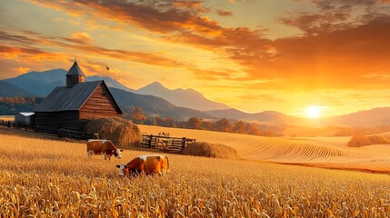 Poster - Peaceful pastoral sunset scene over a rustic barn and farmstead with a herd of cattle grazing in the lush golden meadow under the vibrant sky
