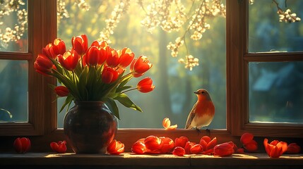 Wall Mural - A tulip filled vase sitting near an open window with a peaceful bird gazing outside into the golden morning light