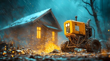 Poster - Tractor Powered Generator Braving Storm to Power Rural Home Resilient Off Grid Energy Solution Amid Power Outage in Countryside
