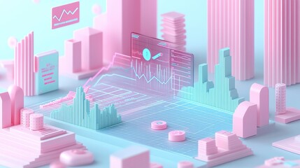 Poster - A vibrant, stylized cityscape featuring abstract buildings and data visualizations, using pastel colors to represent analytics and digital trends.