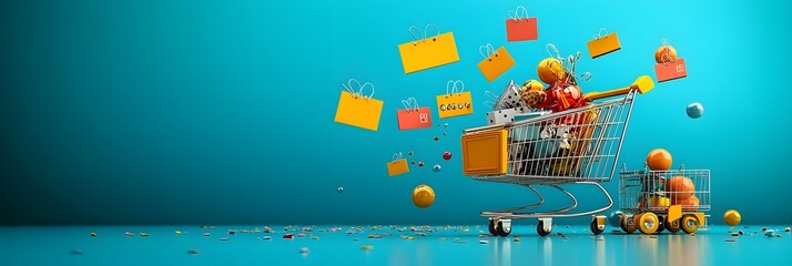 Poster - 3D render of an e commerce shopping cart with floating discount tags and labels on a blue studio background representing online shopping retail and sales promotion concepts
