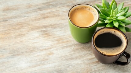 Two Cups of Coffee with Succulent Plant on Wooden Table