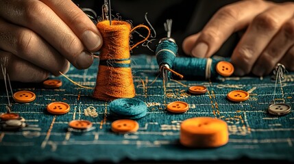 Poster - A close up view of an array of colorful handmade buttons trims and other sewing accessories meticulously arranged on a tailor s desk