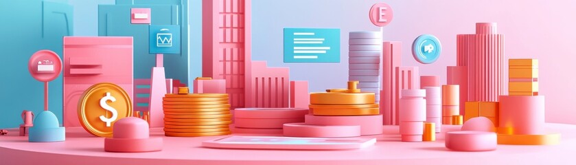 Poster - A vibrant, colorful 3D illustration featuring abstract buildings, coins, and tech elements, creating a modern financial or digital landscape.