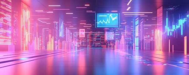 Poster - A futuristic digital space with vibrant neon lights and financial data displays creating a high-tech atmosphere.