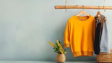 Aufkleber - A minimalist and eco conscious clothing rack made of bamboo featuring hanging apparel in a neutral color palette and complemented by a simple floral decor