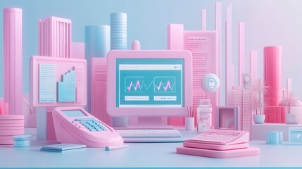 Poster - a vibrant pink-themed digital workspace featuring a computer, charts, and office elements, creating 