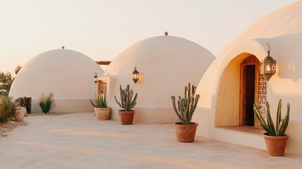 Wall Mural - Charming domed structures blend with desert landscape, adorned w