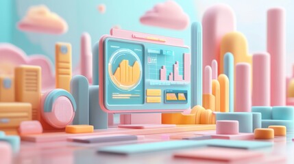 Poster - A vibrant digital landscape featuring pastel-colored buildings and a data display showing graphs and charts.