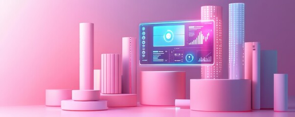 Poster - A futuristic, stylized digital interface featuring graphs and data on a pink-themed background with cylindrical structures.