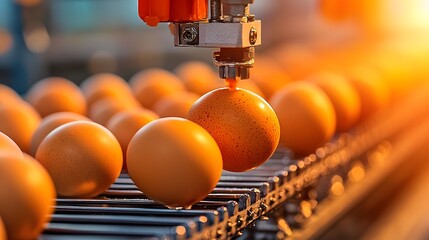 Leinwandbilder - Automated conveyor belt system efficiently collecting and transporting fresh eggs gathered from a poultry farm