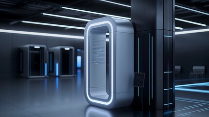 Poster - A futuristic security checkpoint using AI-driven facial recognition, with dynamic holographic facial mapping, retina scans, and encrypted authentication layers.