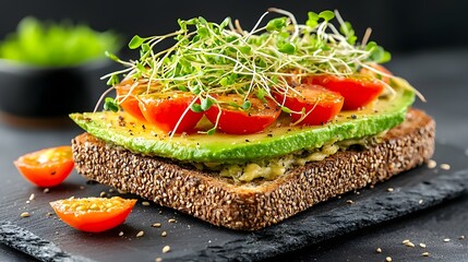 Aufkleber - Avocado Toast with Cherry Tomatoes and Microgreens on Whole Grain Bread   A Healthy Nutritious and Delicious Breakfast or Snack Concept  This Image Showcases a Vibrant and Flavorful Dish