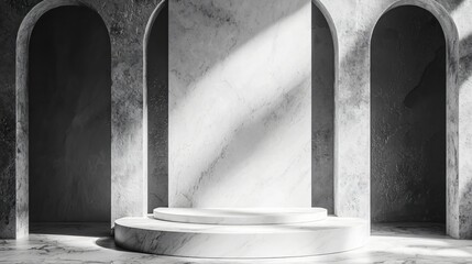 Aufkleber - Elegant Marble Podium Display with Arches and Soft Light for Product Showcase and Presentation