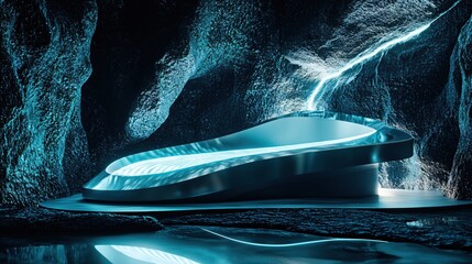 Poster - Futuristic Interior with Glowing Blue Light and Metallic Platform in a Cave Setting