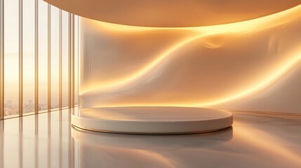 Poster - Elegant product display platform with golden light and modern architecture for luxury presentation