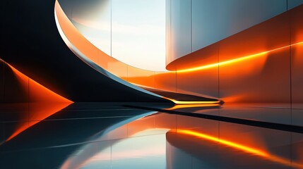 Poster - Futuristic Architecture with Orange Light and Reflections in a Modern Building Interior