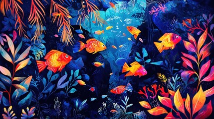 Poster - Vivid Underwater World Illustration with Colorful Fish and Coral Reef in Deep Blue Ocean