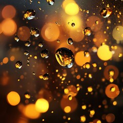Aufkleber - Golden Raindrops Reflecting Warm Light in Abstract Bokeh Background Creating a Dreamy Effect