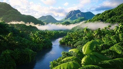 Poster - Lush Tropical River Valley with Verdant Forest Misty Mountains and Bright Blue Sky Scenery