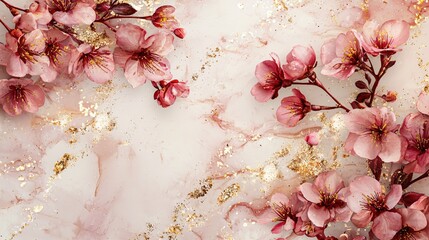 Poster - Delicate Pink Cherry Blossoms with Golden Glitter on Abstract Marble Background Design