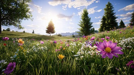 Aufkleber - Vibrant Meadow Landscape with Colorful Wildflowers Under a Bright Sunny Blue Sky Day