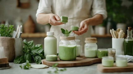 Sustainability at home, eco-friendly and minimalist styles : Woman making DIY natural cleaning products in a modern sustainable kitchen, promoting zero-waste living.