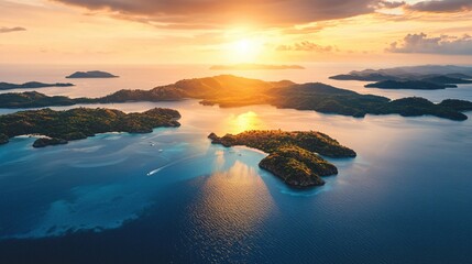 Poster - Aerial view of tropical islands at sunset with golden light reflecting on the turquoise sea