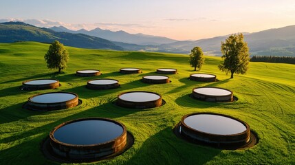 Aufkleber - Serene Green Field with Reflective Water Tanks and Distant Mountains at Sunset Landscape View