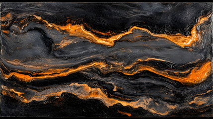Poster - Black and orange marble stone against a solid black background with unique glowing patterns and textures