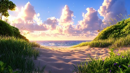 Poster - Serene beach view with soft sand and lush green vegetation under a pastel sky at sunset