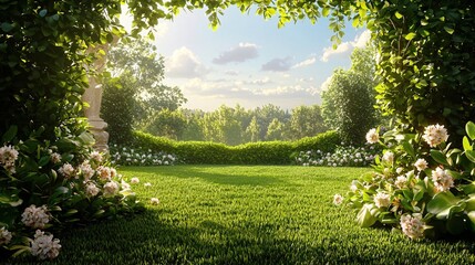 Poster - Lush Garden View with Green Lawn and Blooming Flowers under a Bright Sky in the Background