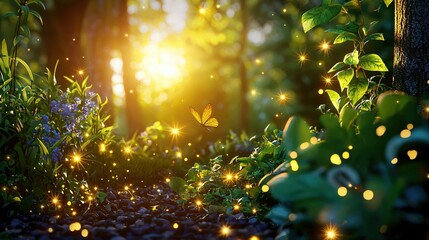Poster - Enchanted Forest Glade with Butterfly and Sparkling Lights in a Dreamy Summer Landscape
