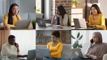 Poster - A diverse group of individuals is seen engaged in various online activities at home. They exhibit distinct emotions and interactions while using laptops, showcasing remote work and communication.