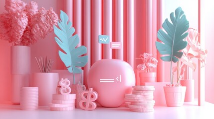 Poster - A whimsical, pastel-colored display featuring pink decor, tropical leaves, and playful elements, creating a cheerful aesthetic.