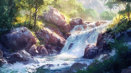 Poster - Serene Waterfall Cascading Through Rocky Terrain Amidst Lush Greenery in Sunlight Painting