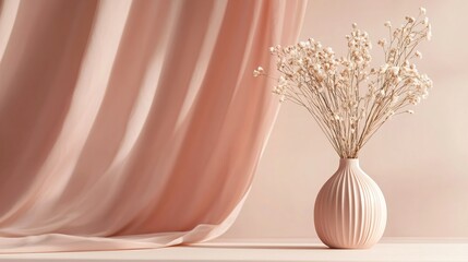 Poster - Elegant floral arrangement in vase with soft peach fabric backdrop for serene aesthetic
