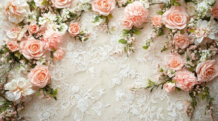 Poster - Delicate floral arrangement of peach roses and white blossoms on a lace background
