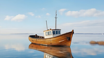 Wall Mural - wooden fishing boat on calm water at sunrise